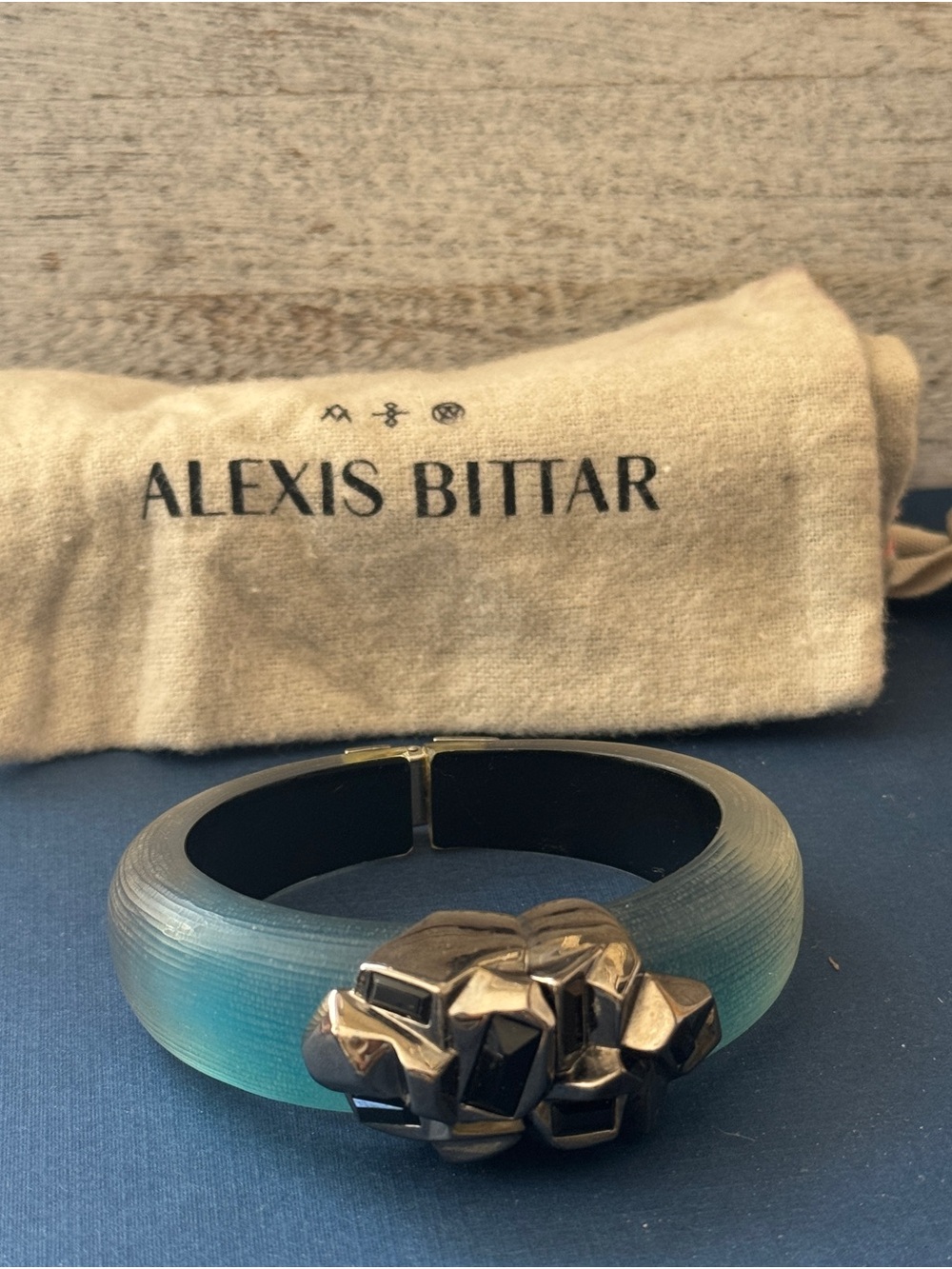 Alexis Bittar Teal Resin Bracelet with Gunmetal Cluster Accent-Black Crystal.